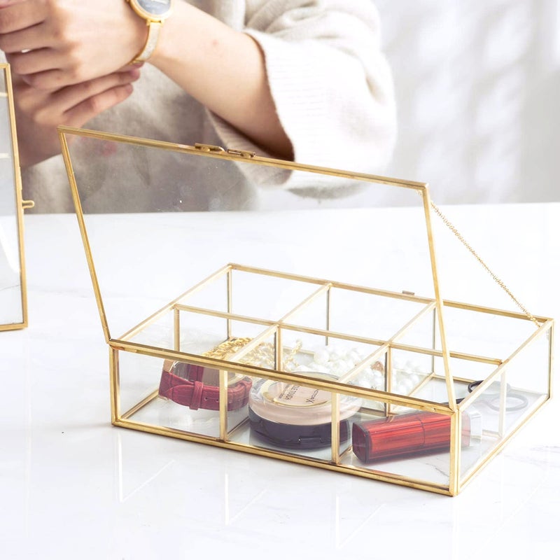 Levilan Golden Vintage Glass Box Clear Glass & Brass Metal Storage Jewelry and Cosmetic Makeup Lipstick Holder Organizer Beauty Display, 6 Compartment - Image 4